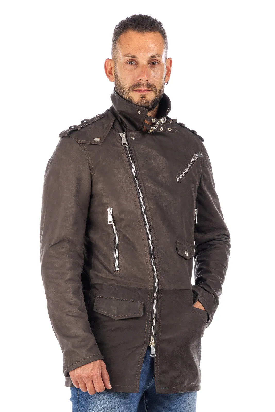 Men’s genuine leather studded coat with dark brown zipper