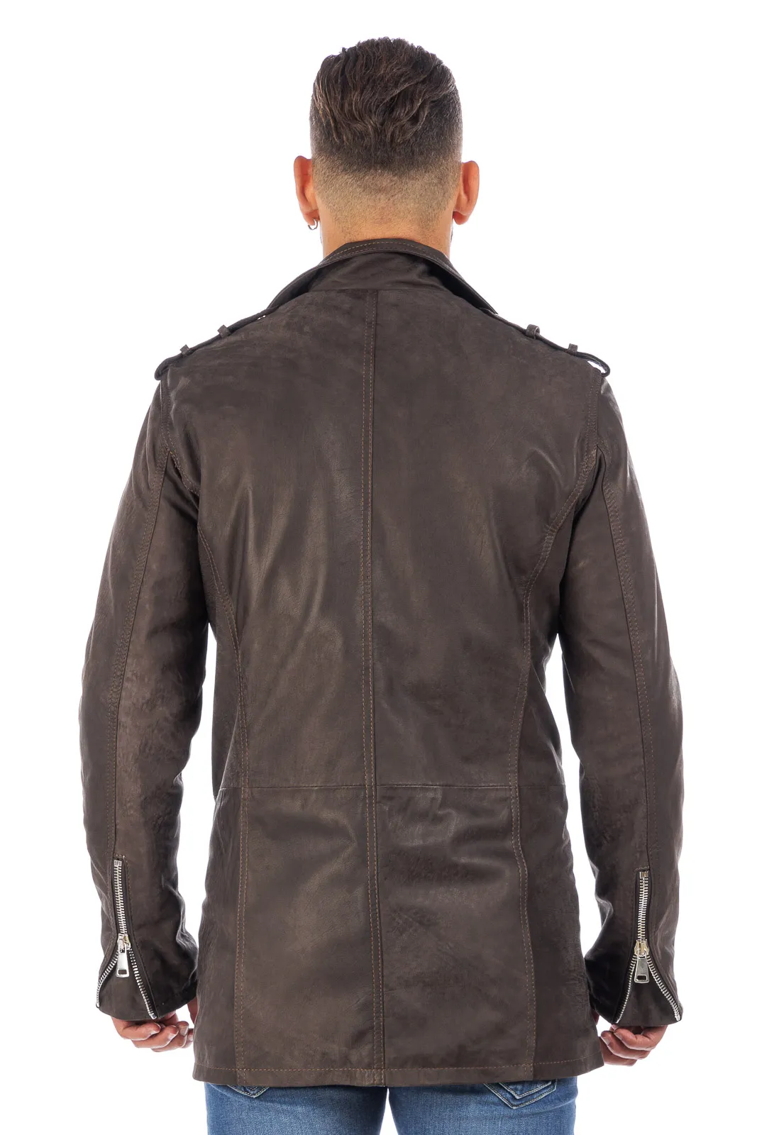 Men’s genuine leather studded coat with dark brown zipper