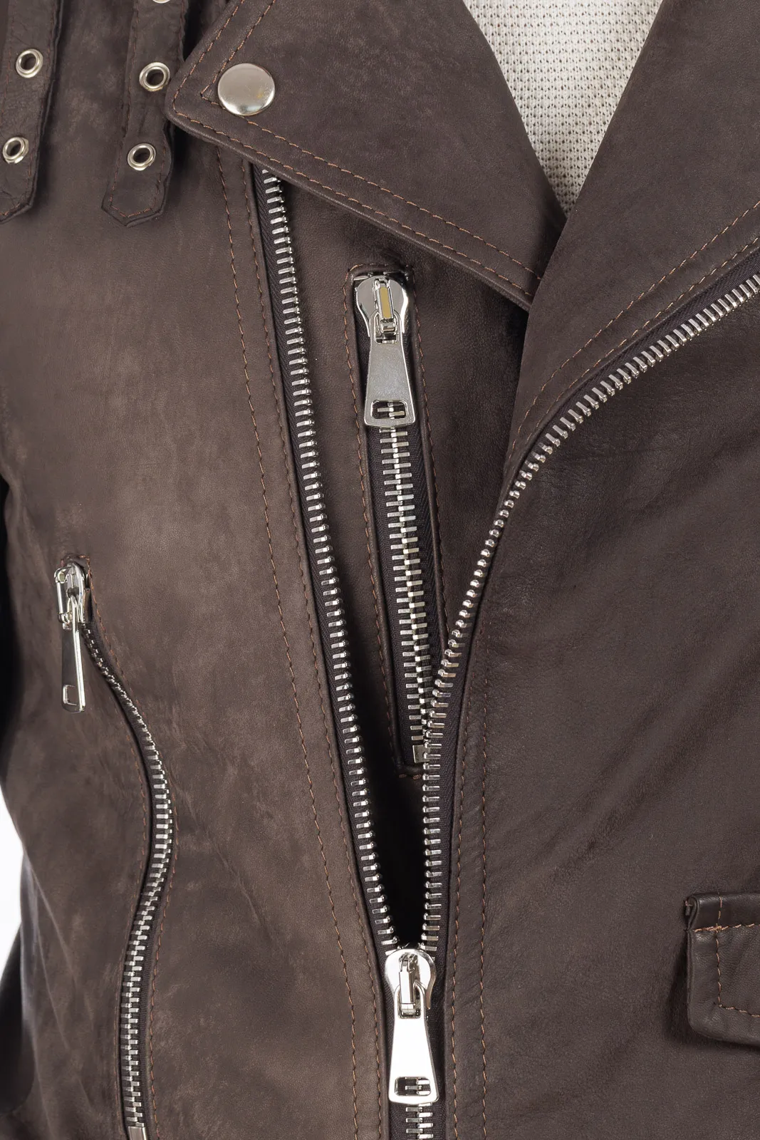 Men’s genuine leather studded coat with dark brown zipper