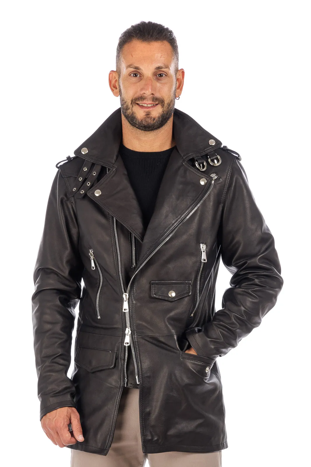 Men’s genuine leather zippered studded coat black