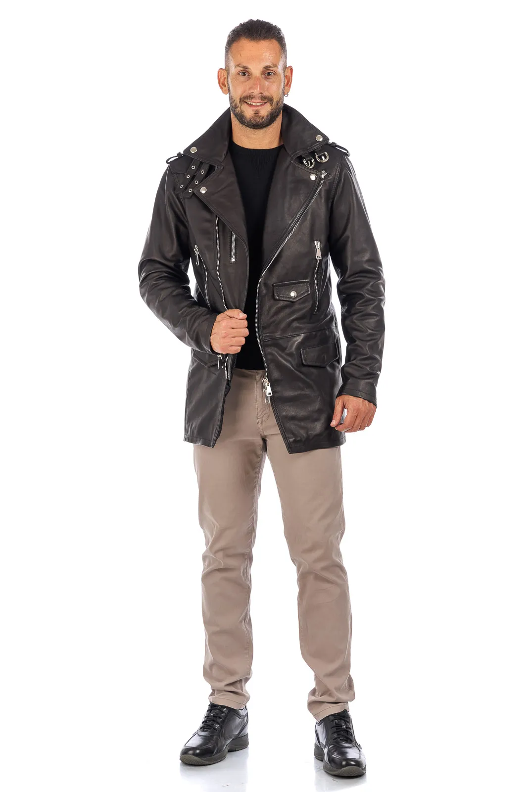 Men’s genuine leather zippered studded coat black