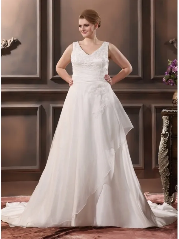 RACHEL - A-line V-neck Chapel train Satin Organza Wedding dress