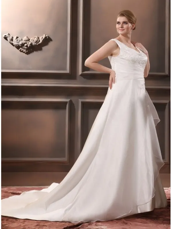 RACHEL - A-line V-neck Chapel train Satin Organza Wedding dress