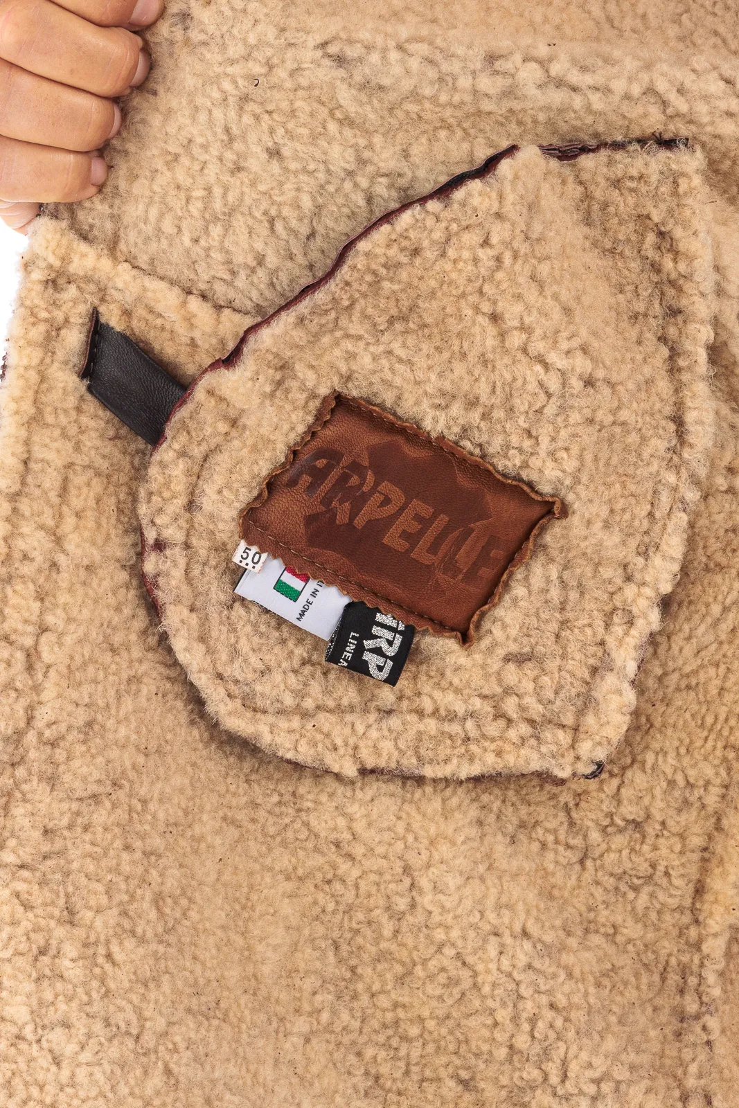 Real dark brown sheepskin coat with beige fur and hood