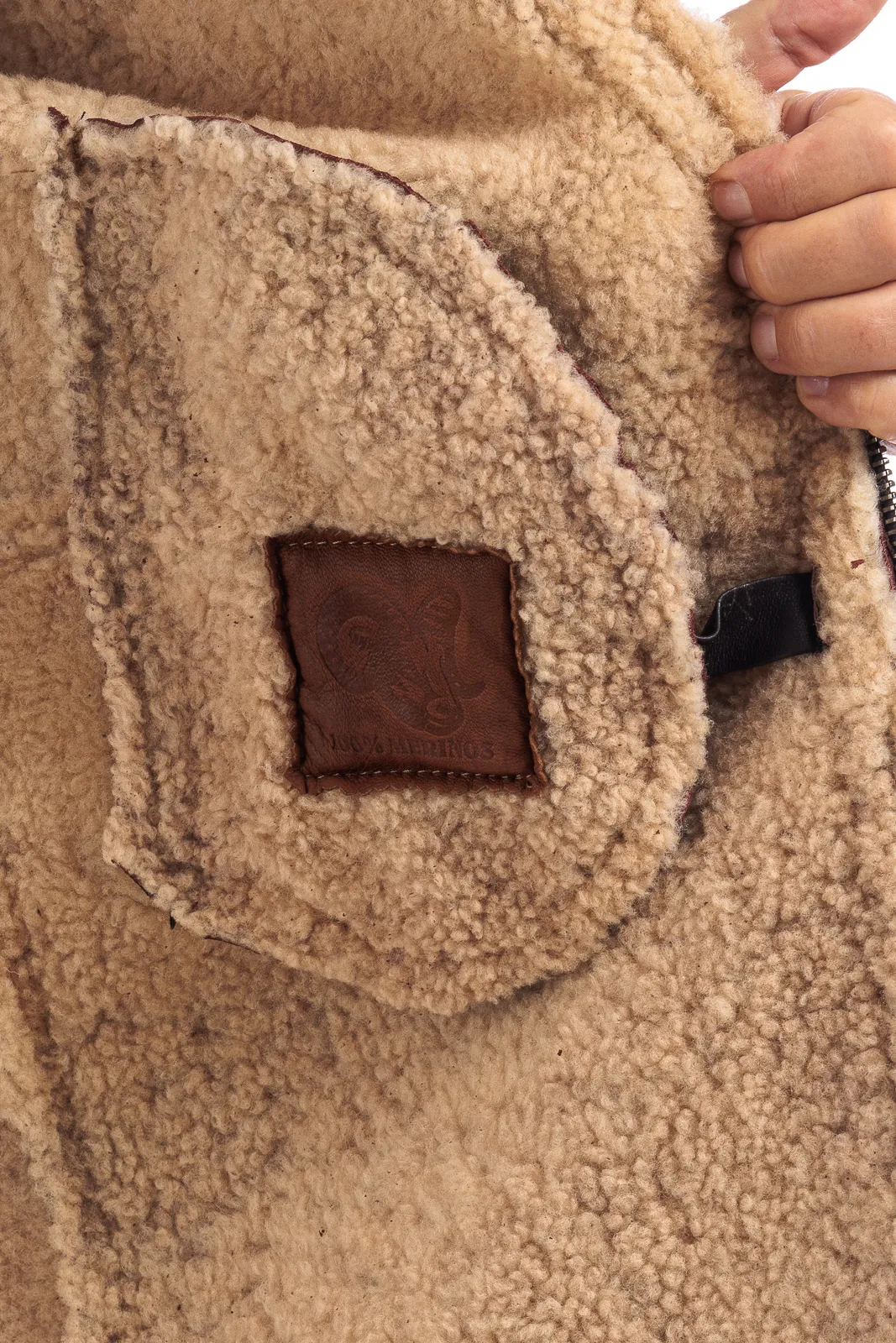 Real dark brown sheepskin coat with beige fur and hood