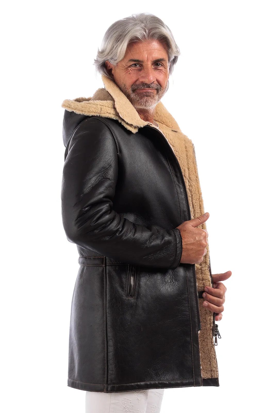 Real dark brown sheepskin coat with beige fur and hood