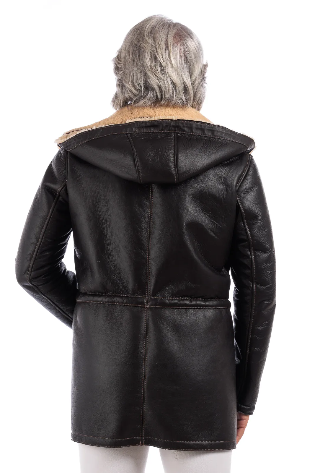 Real dark brown sheepskin coat with beige fur and hood