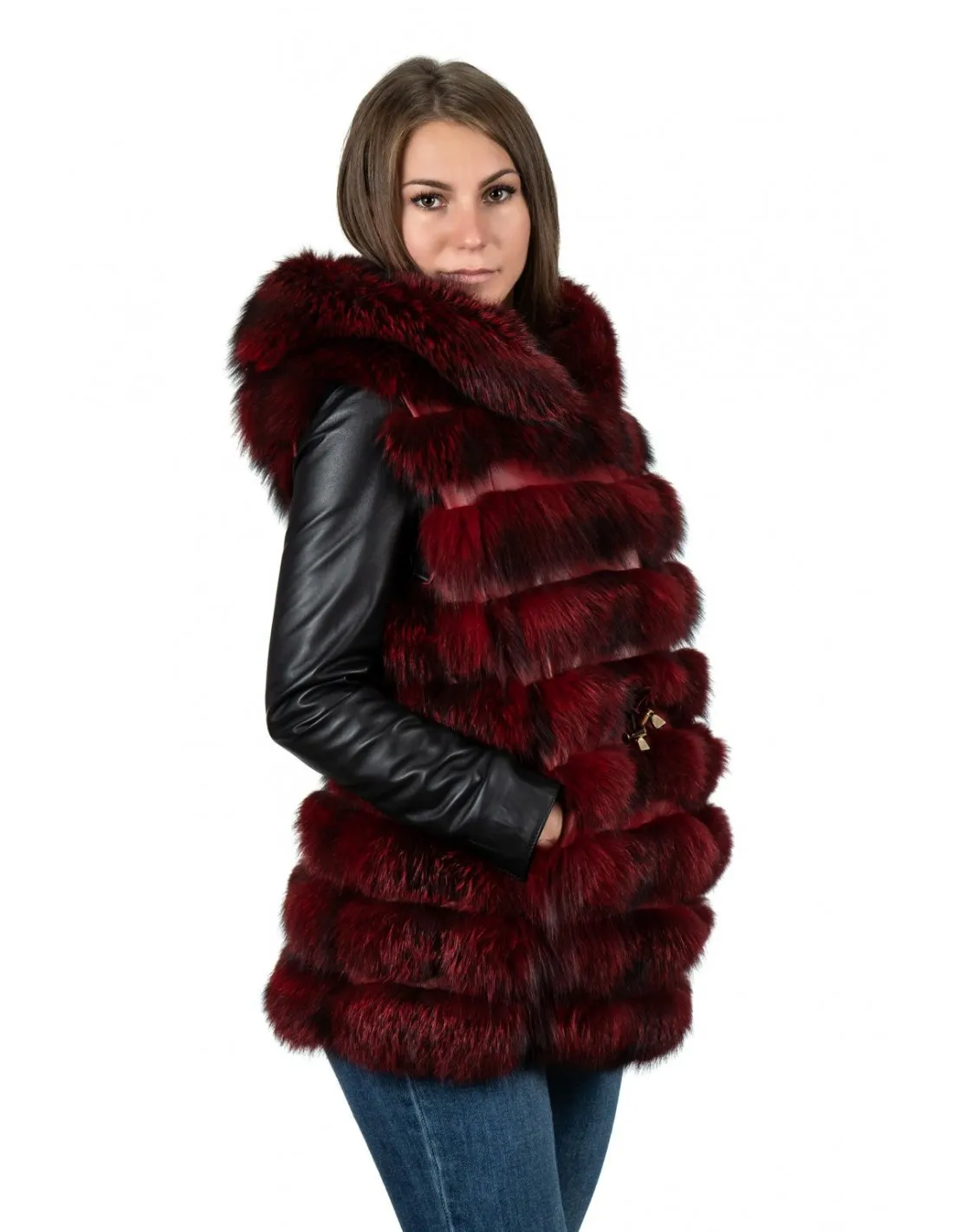 Red genuine fox fur sleeve coat