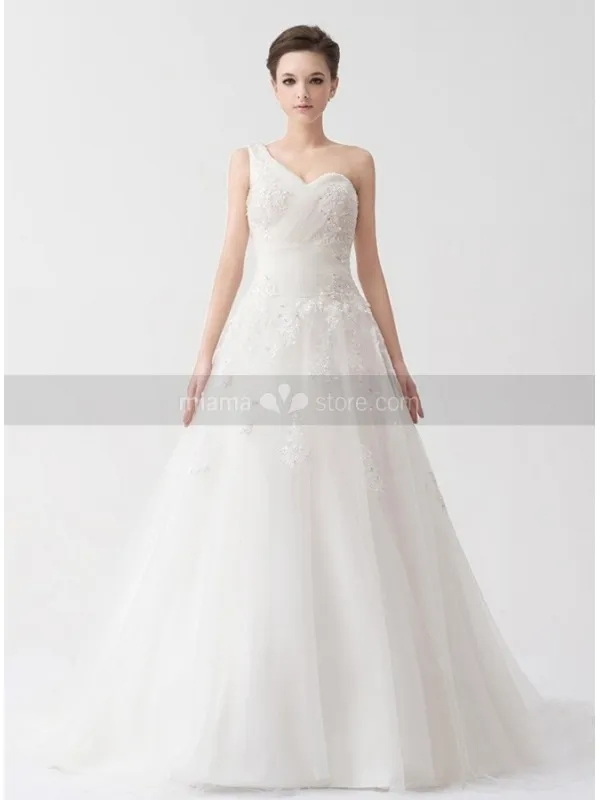 REMY - A-line Empire waist Chapel train Tulle Satin One shoulder Wedding dress