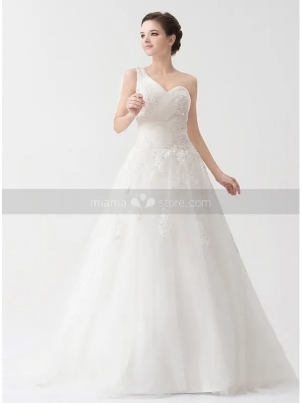 REMY - A-line Empire waist Chapel train Tulle Satin One shoulder Wedding dress