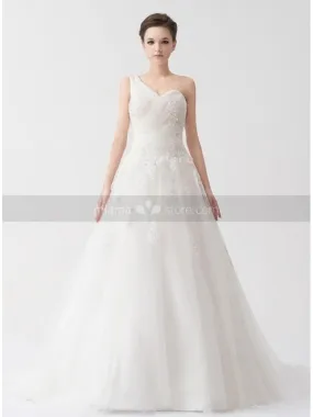 REMY - A-line Empire waist Chapel train Tulle Satin One shoulder Wedding dress