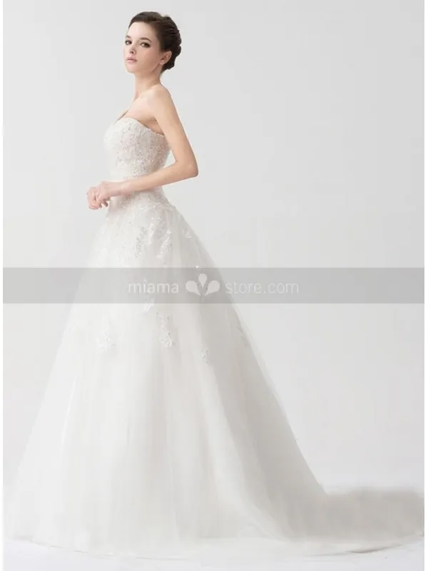 REMY - A-line Empire waist Chapel train Tulle Satin One shoulder Wedding dress