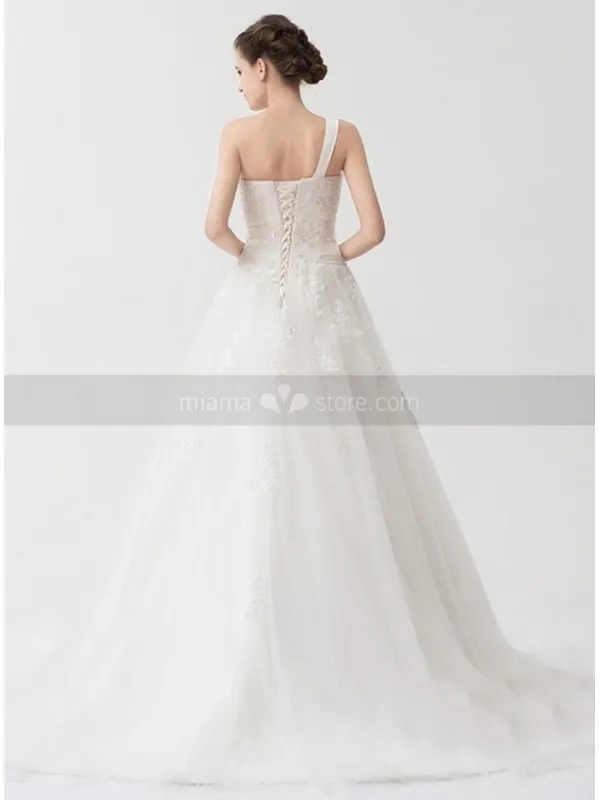 REMY - A-line Empire waist Chapel train Tulle Satin One shoulder Wedding dress