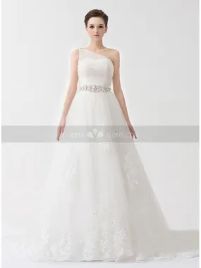 ROCHELLE - A-line Empire waist Chapel train Tulle Satin One shoulder Wedding dress