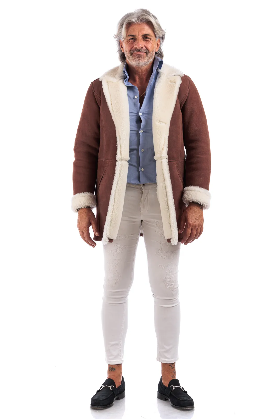 Rust sheepskin double-breasted coat with white fur