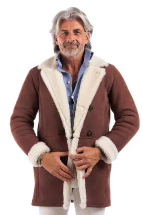 Rust sheepskin double-breasted coat with white fur