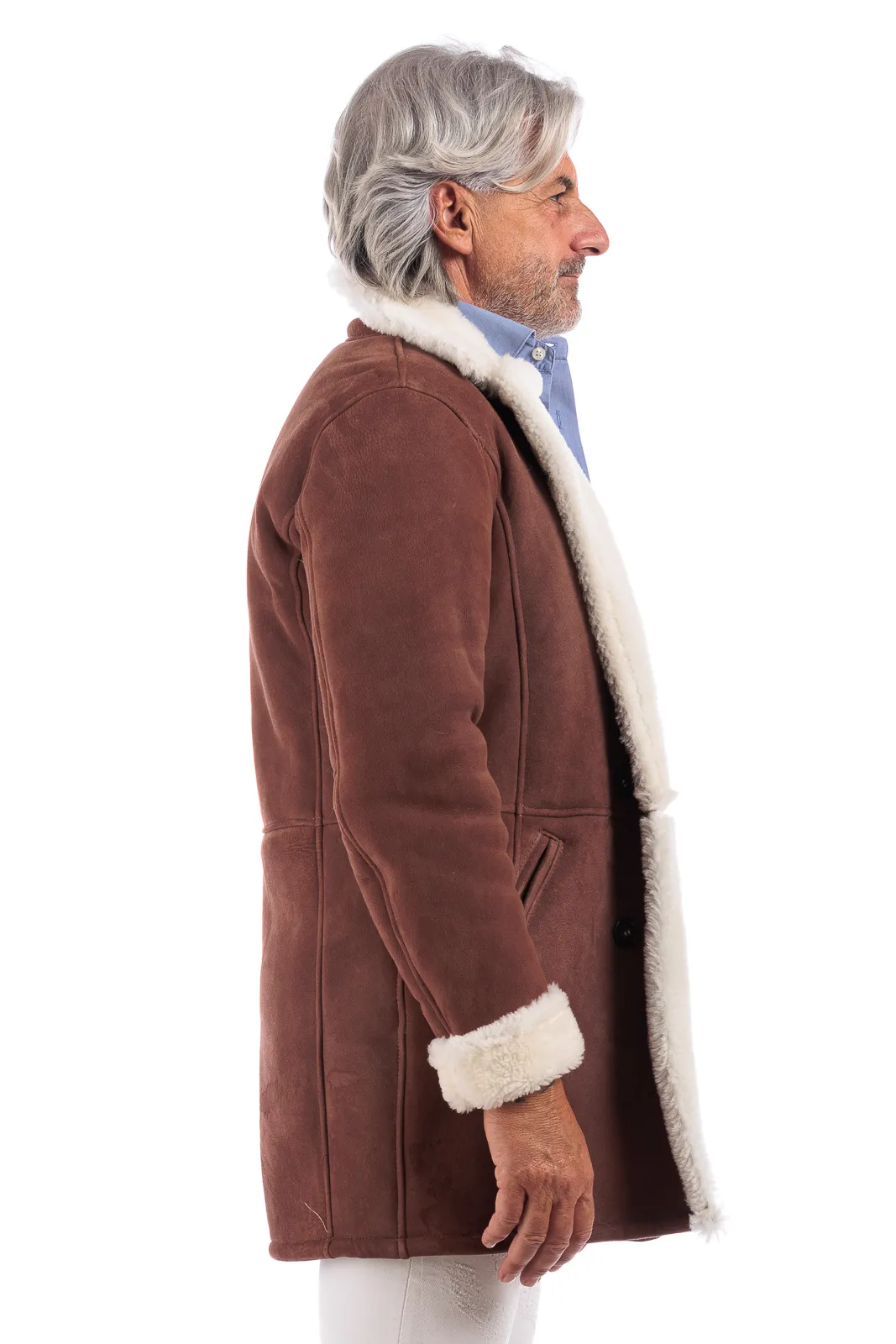 Rust sheepskin double-breasted coat with white fur