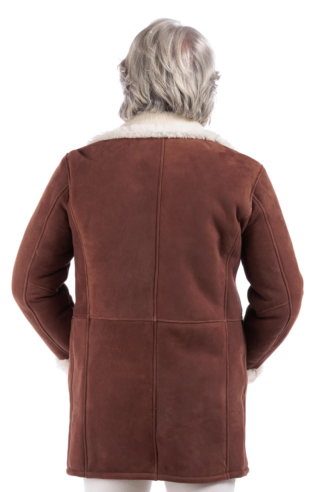 Rust sheepskin double-breasted coat with white fur