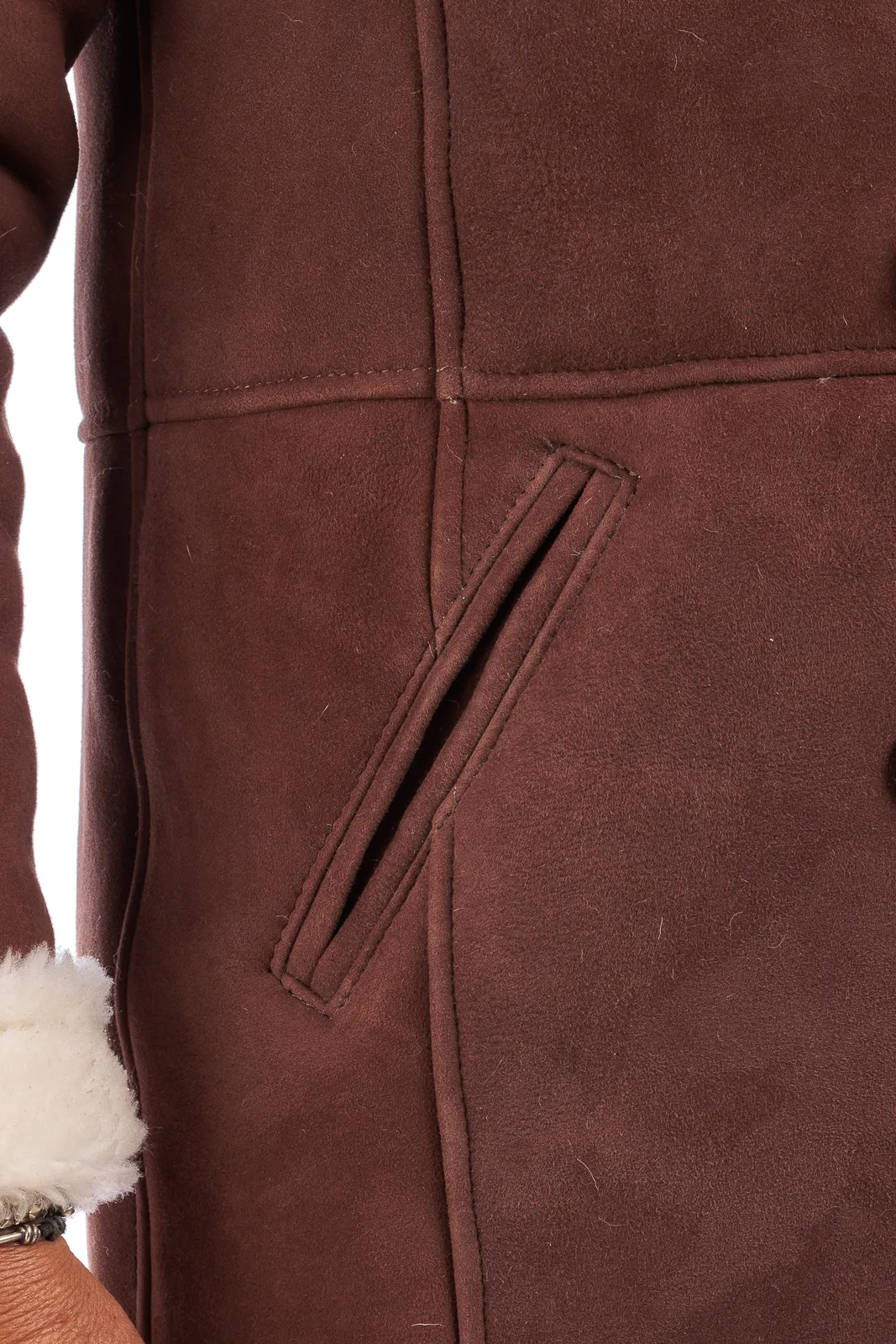 Rust sheepskin double-breasted coat with white fur