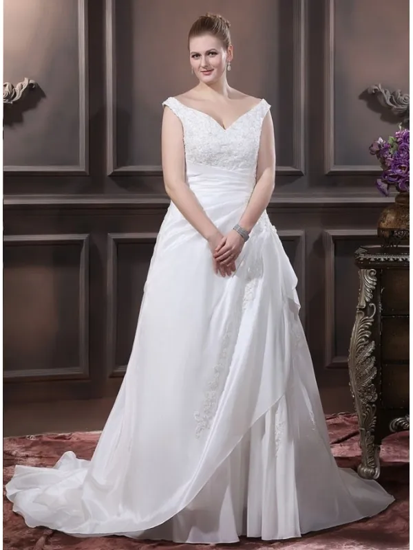 SANDY - A-line V-neck Chapel train Taffeta Wedding dress