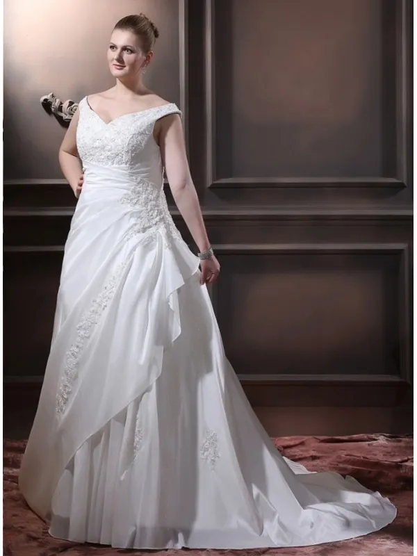 SANDY - A-line V-neck Chapel train Taffeta Wedding dress