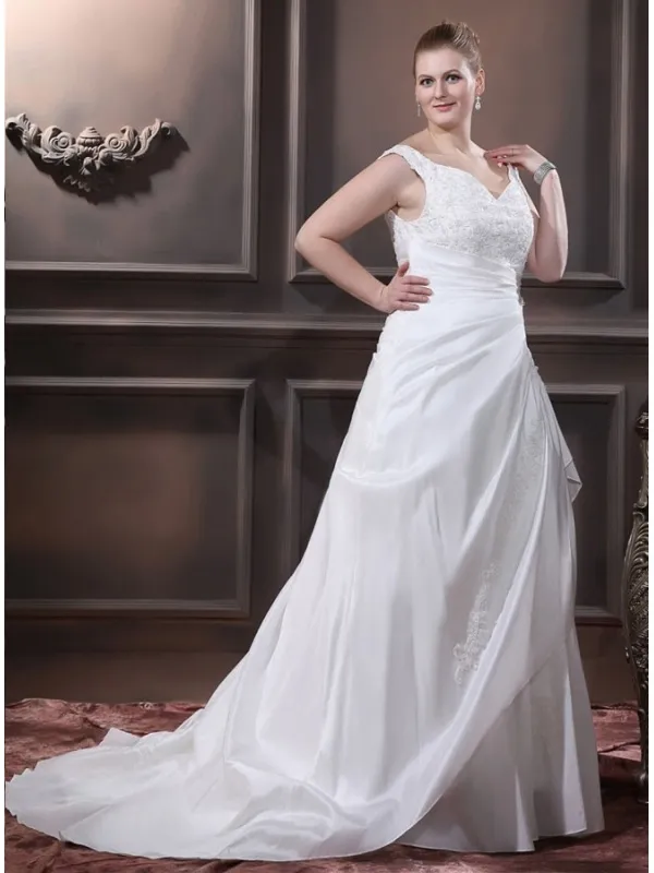 SANDY - A-line V-neck Chapel train Taffeta Wedding dress