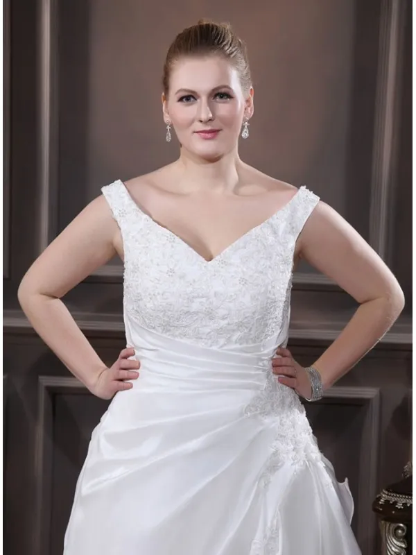 SANDY - A-line V-neck Chapel train Taffeta Wedding dress