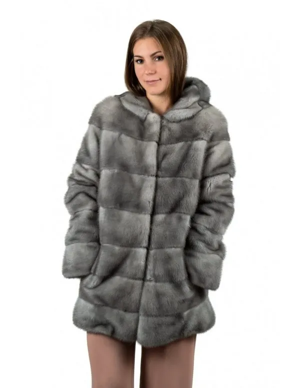 Sapphire mink fur hooded coat