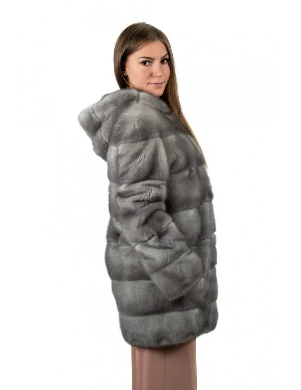 Sapphire mink fur hooded coat