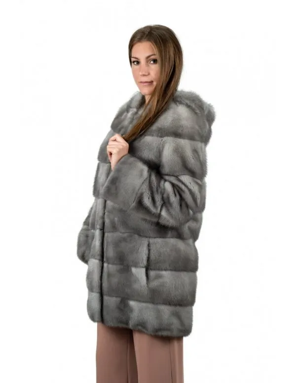 Sapphire mink fur hooded coat