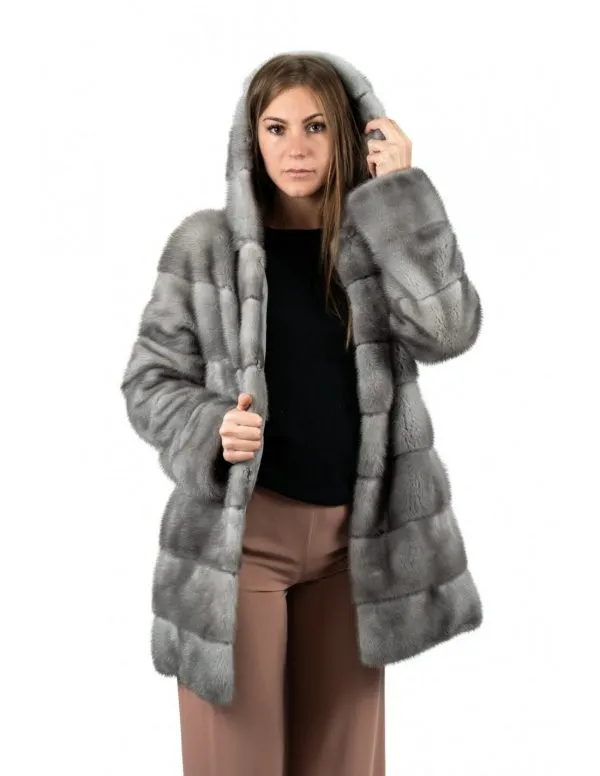 Sapphire mink fur hooded coat