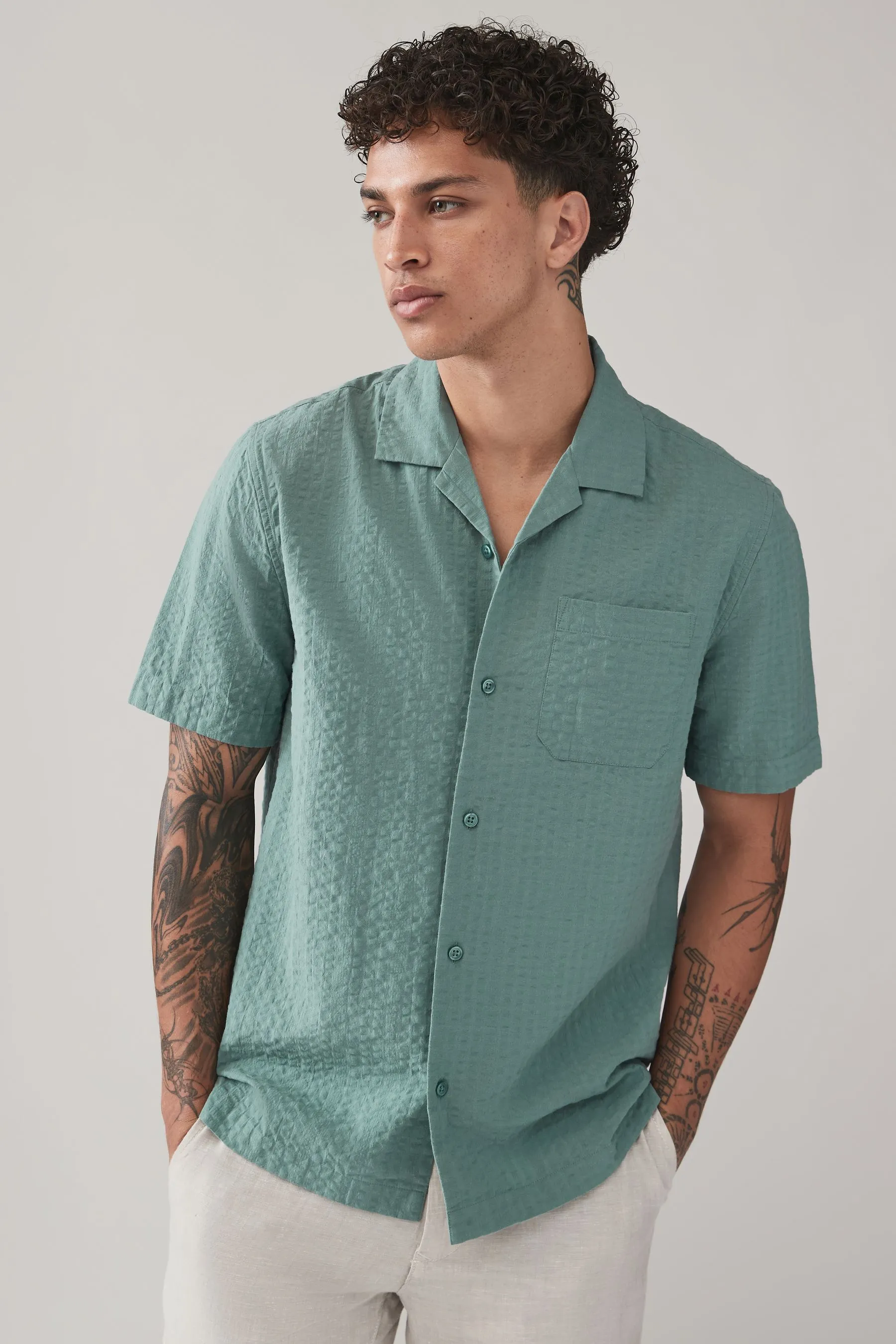 Seersucker 100% Cotone Maniche corte Camicia con Collo Cubano    