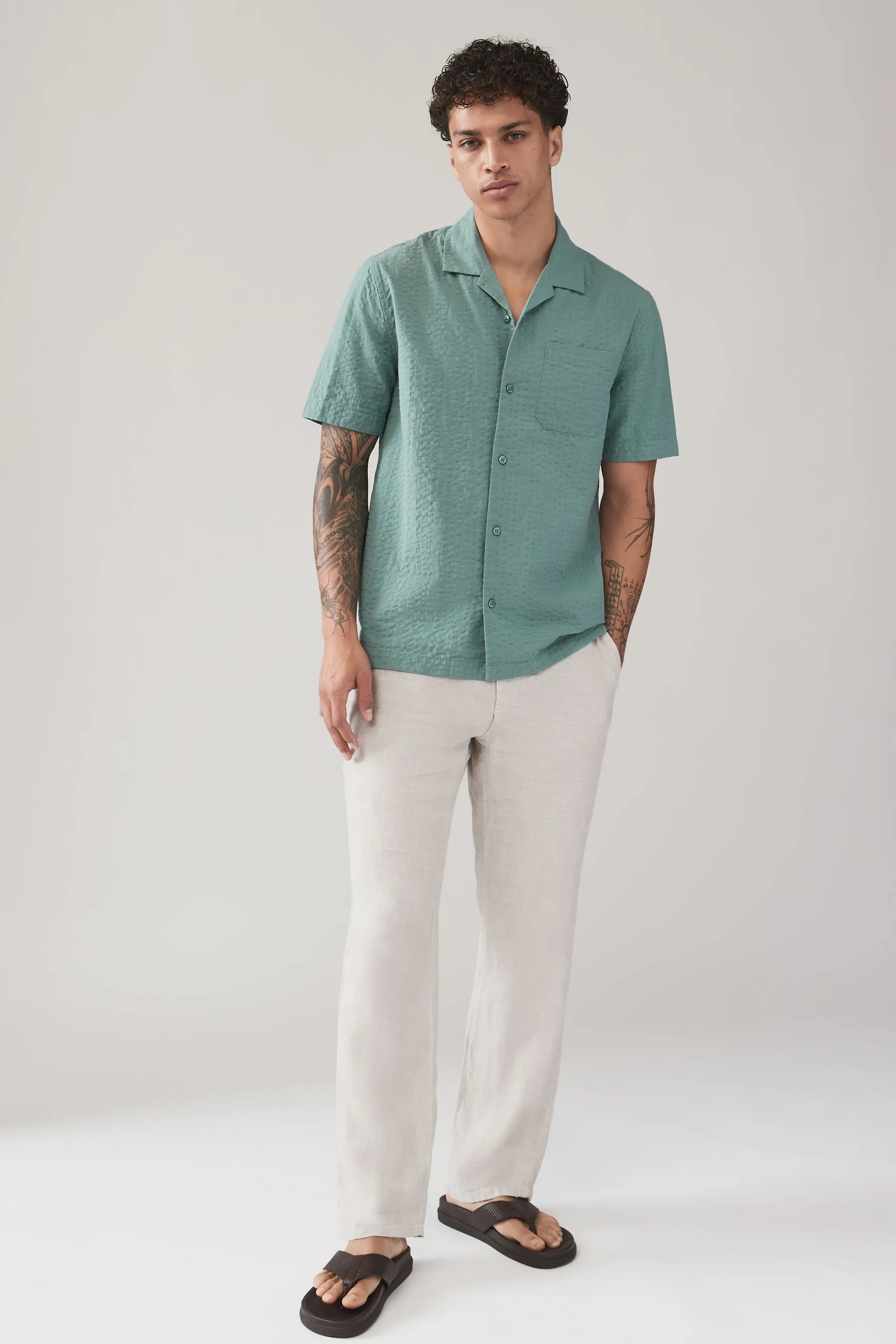 Seersucker 100% Cotone Maniche corte Camicia con Collo Cubano    