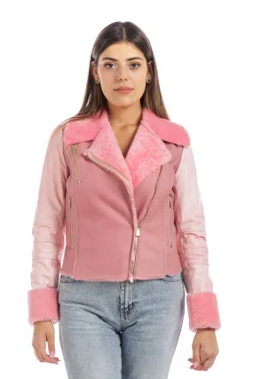 Sheepskin coat with pink tassel sleeves