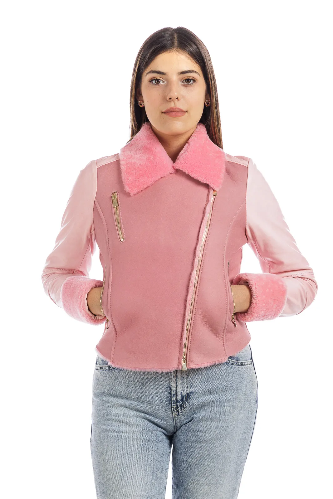 Sheepskin coat with pink tassel sleeves