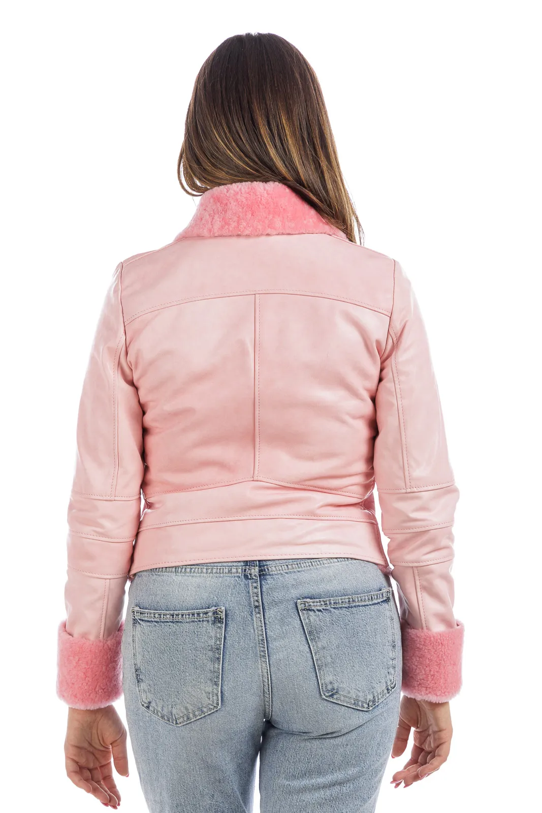 Sheepskin coat with pink tassel sleeves