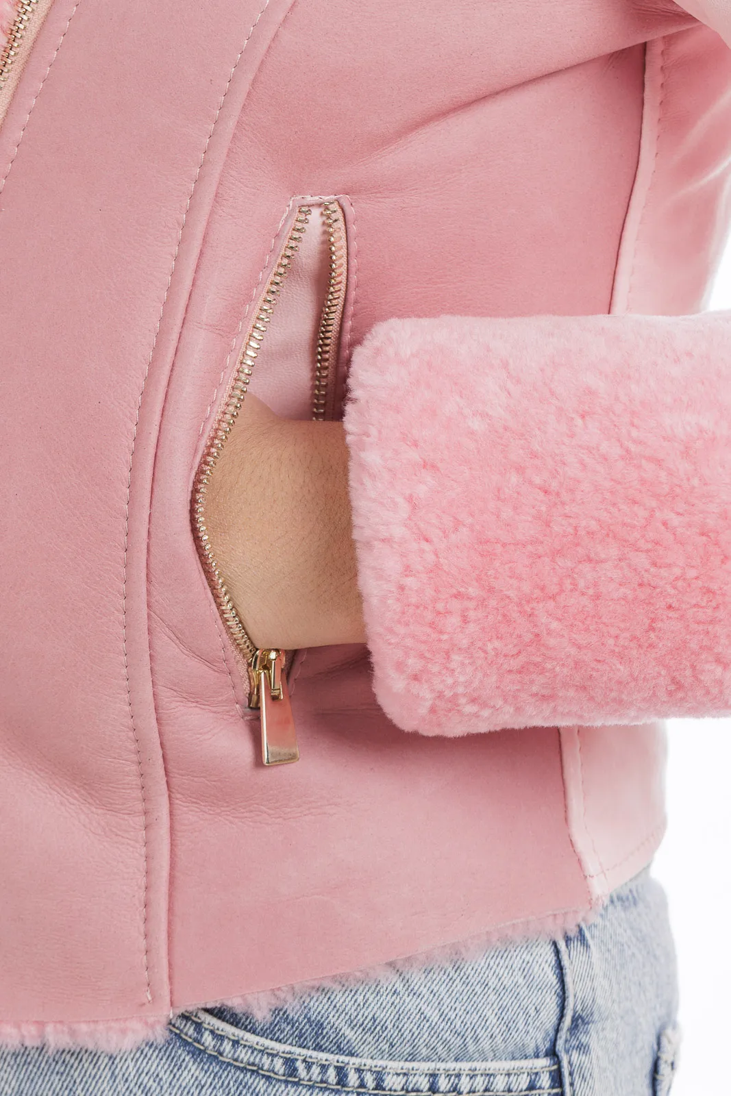 Sheepskin coat with pink tassel sleeves