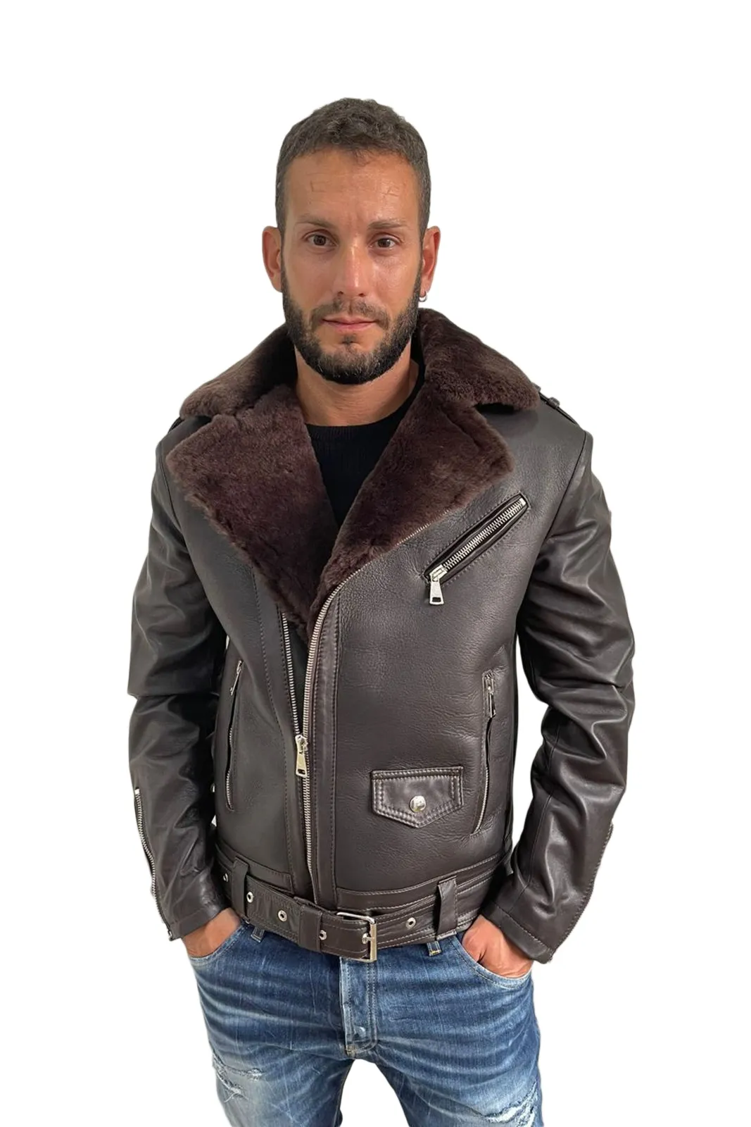 Sheepskin sheepskin coat with zippered leather sleeves for men