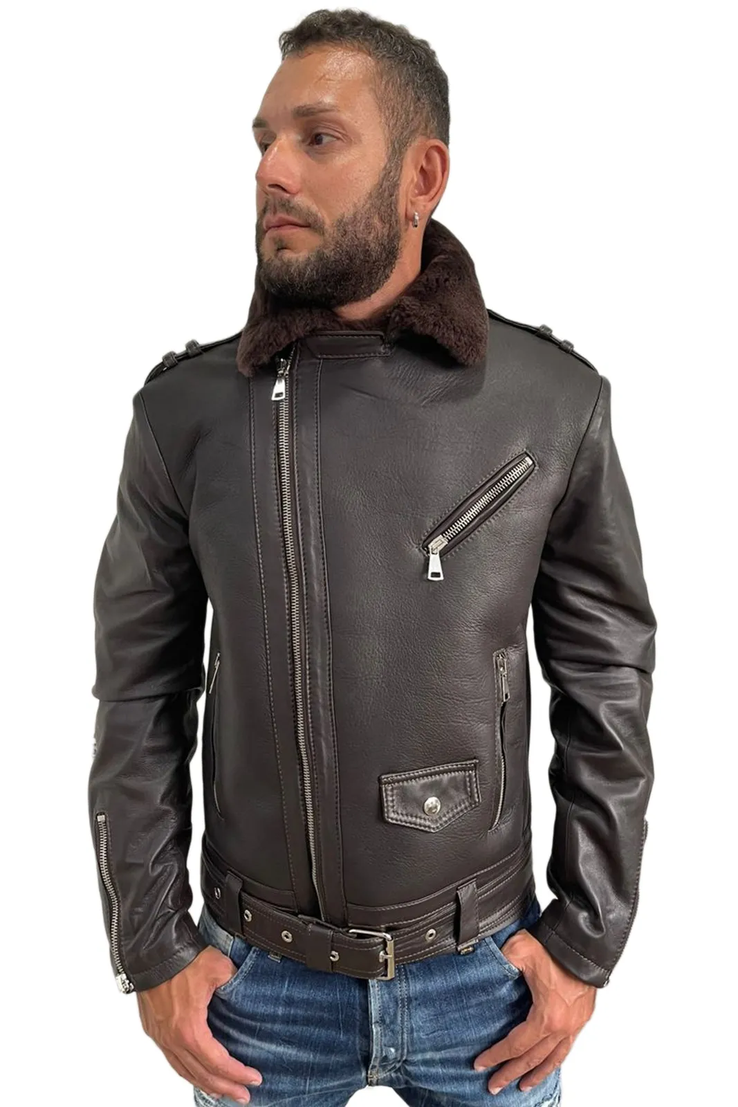 Sheepskin sheepskin coat with zippered leather sleeves for men