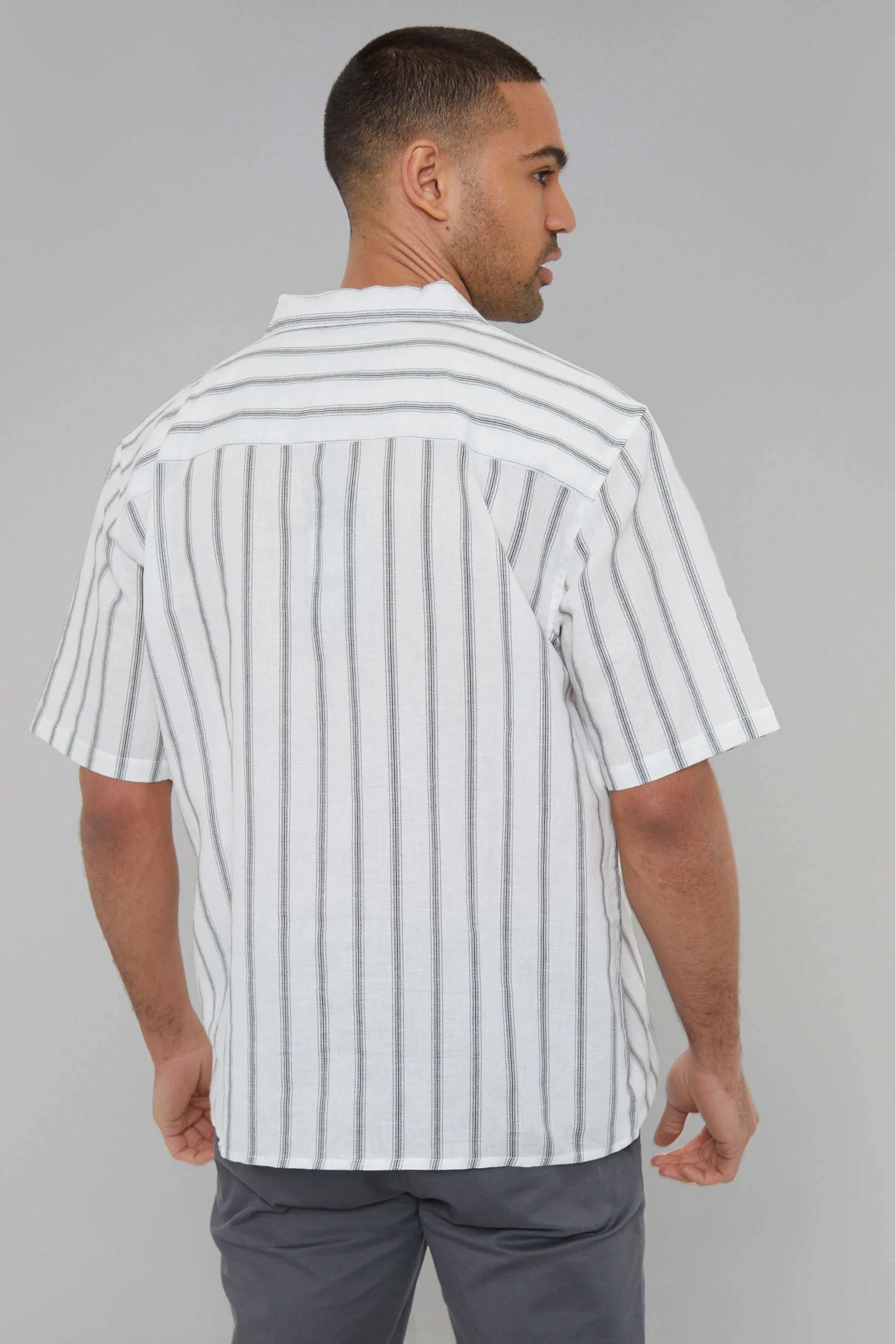 Threadbare Short Sleeve Striped Linen Blend Shirt