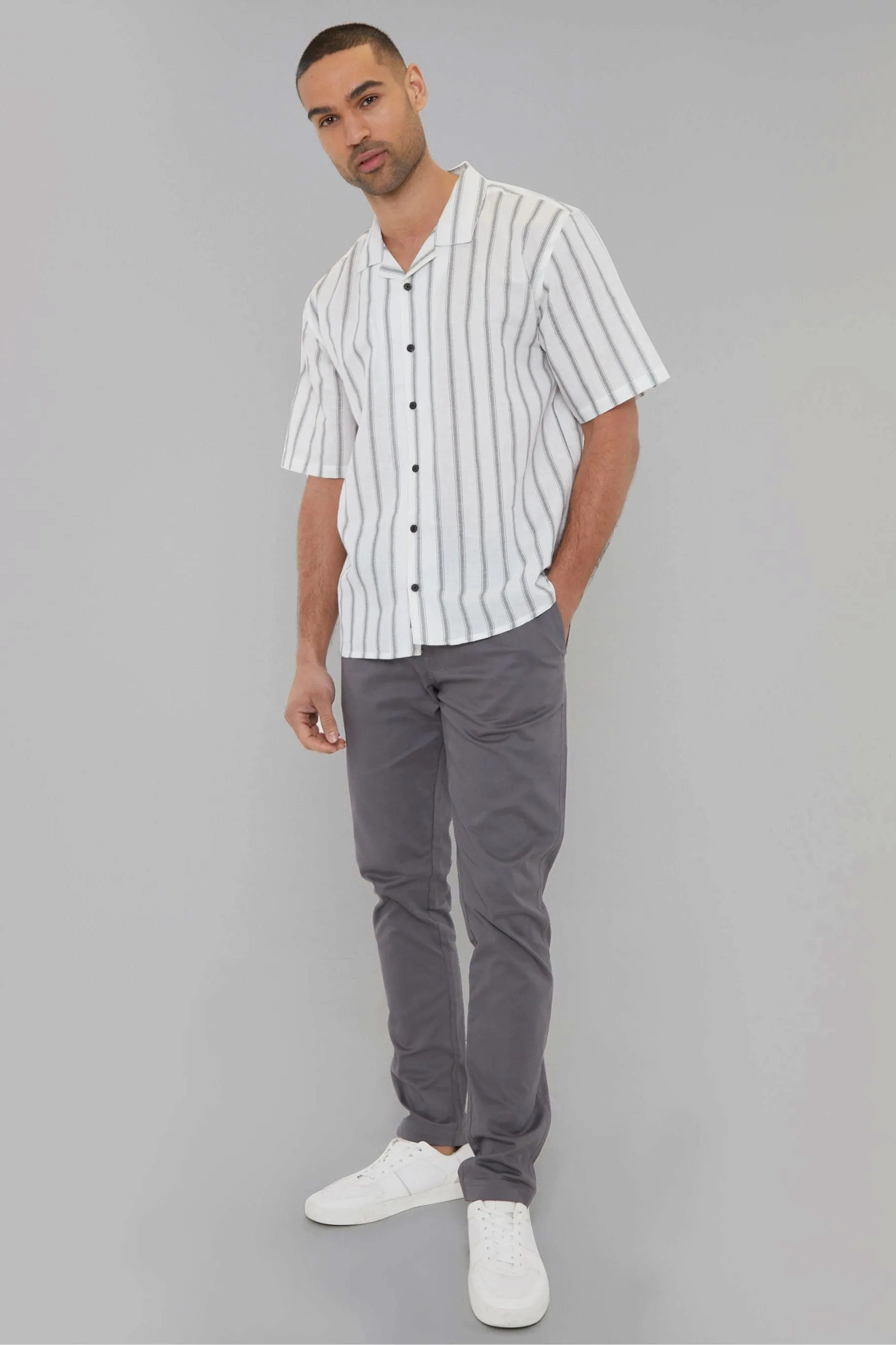 Threadbare Short Sleeve Striped Linen Blend Shirt