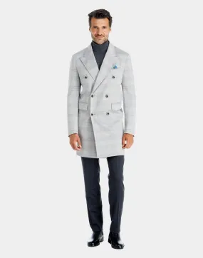 Turin double-breasted coat in wool jersey with light gray check pattern